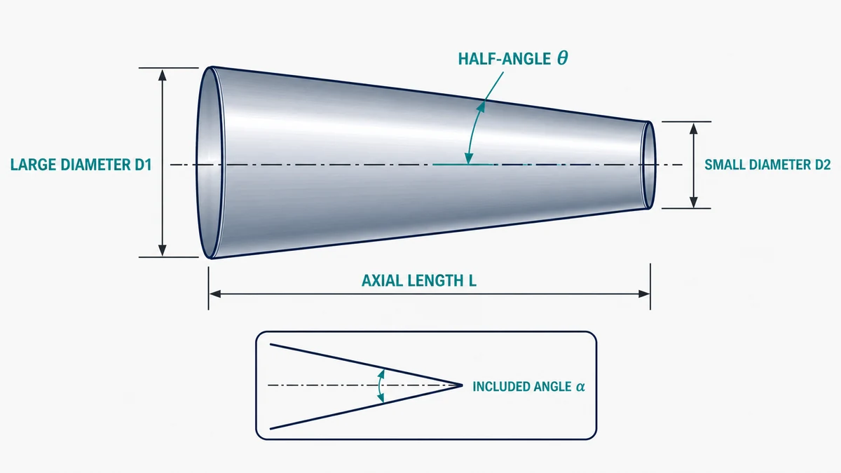 Taper calculator diagram showing large diameter, small diameter, axial length, half-angle, and included angle