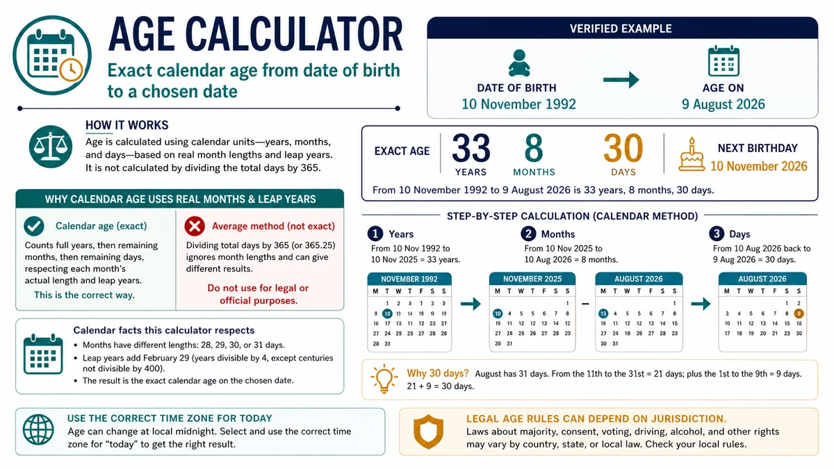 Age calculator example showing exact age from November 10 1992 to August 9 2026