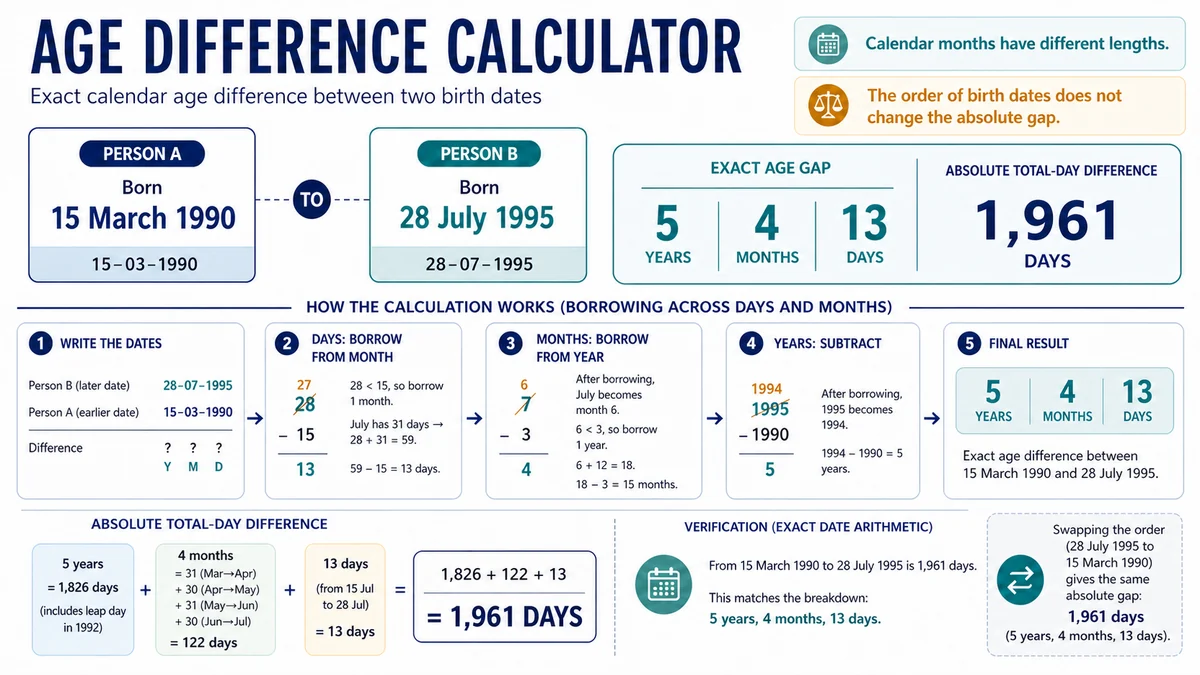 Age difference calculator example from March 15 1990 to July 28 1995