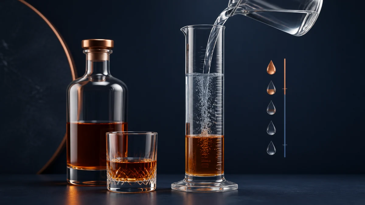 Alcohol dilution calculator visual showing water added to measured spirits