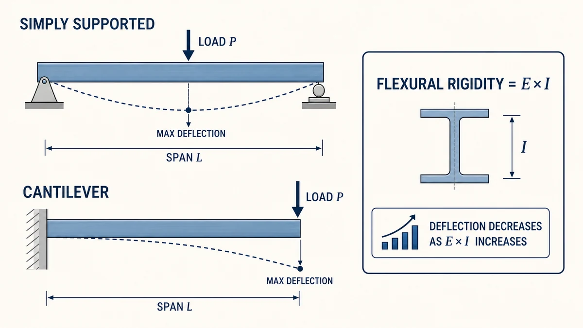 Beam deflection calculator diagram comparing simply supported and cantilever beams with point and distributed loads