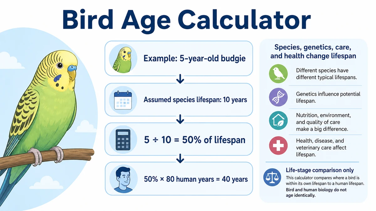 Bird Age Calculator infographic showing lifespan ratio and human-equivalent age example