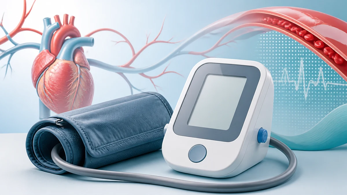 Blood pressure category calculator visual with cuff, monitor, heart and artery