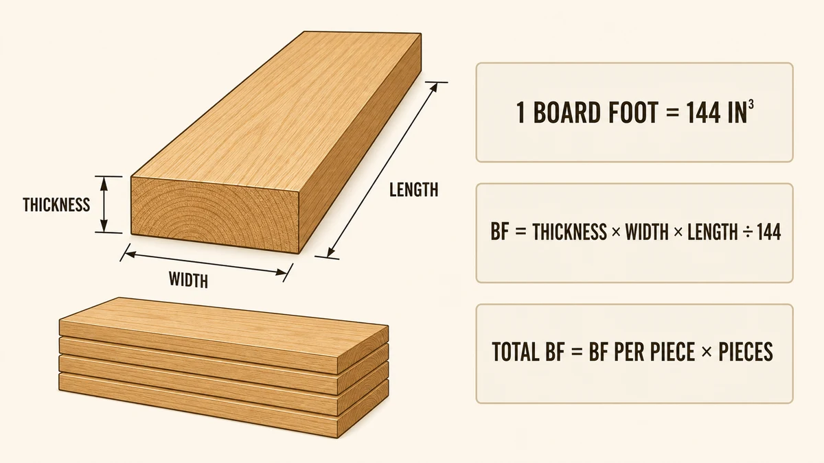 Board foot calculator diagram showing lumber thickness, width, length and board foot formula