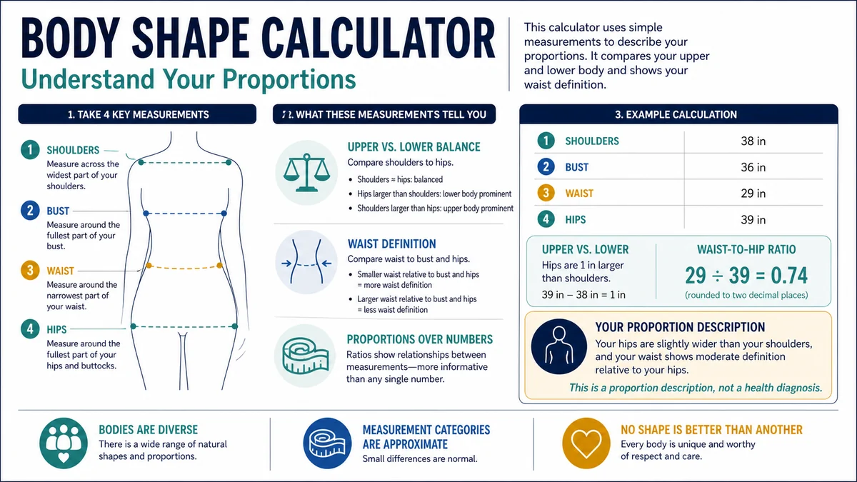 Body shape calculator example using shoulder bust waist and hip measurements