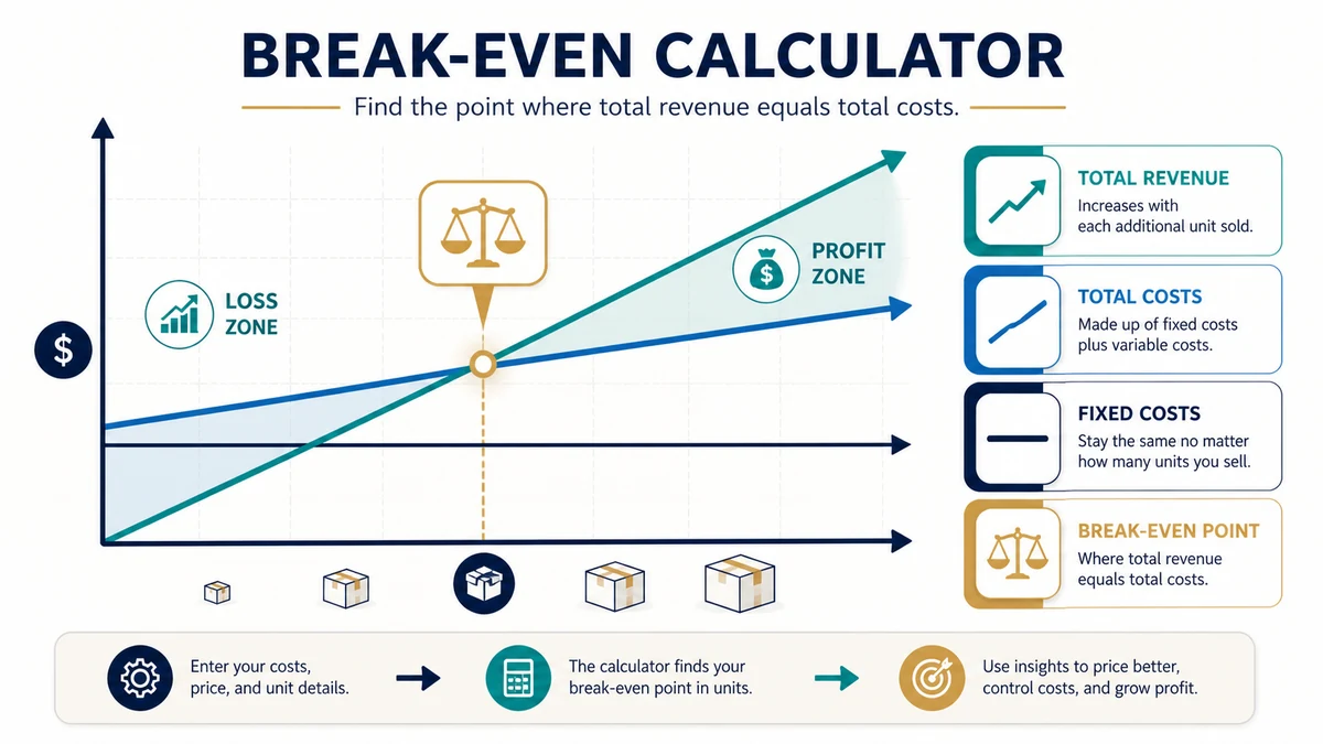 Break-Even Calculator visual guide showing key inputs and results