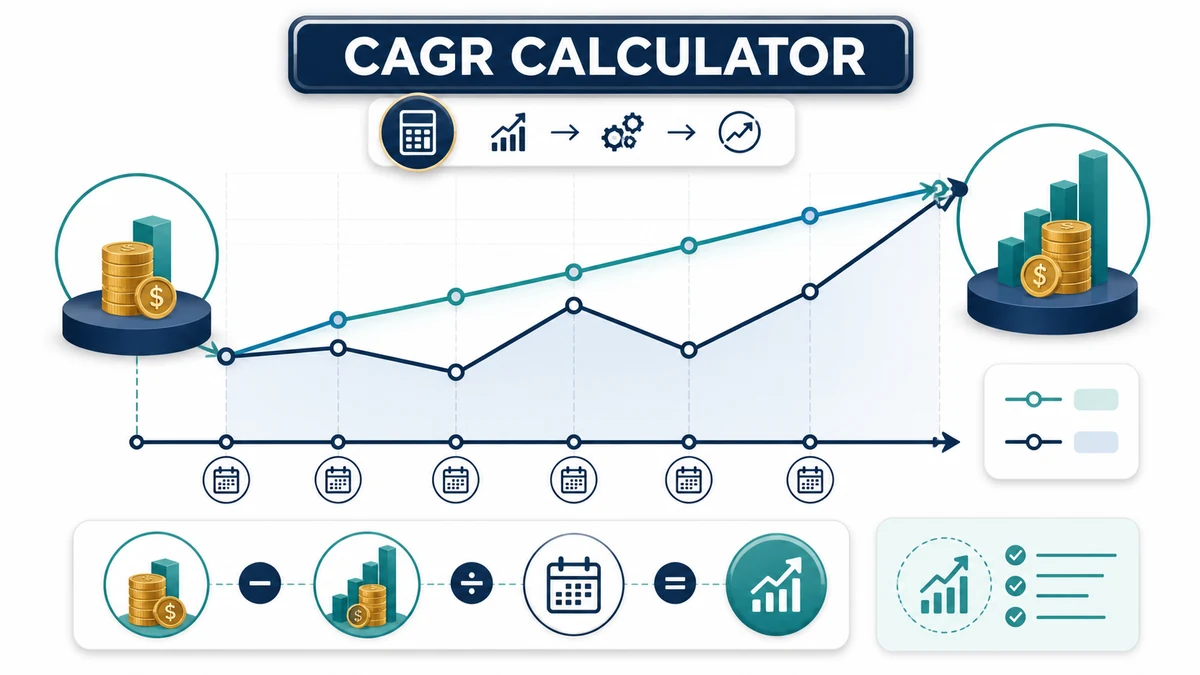 CAGR (Compound Annual Growth Rate) Calculator visual guide showing key inputs and results