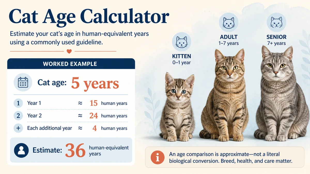 Cat Age Calculator infographic estimating a 5 year old cat as 36 human-equivalent years