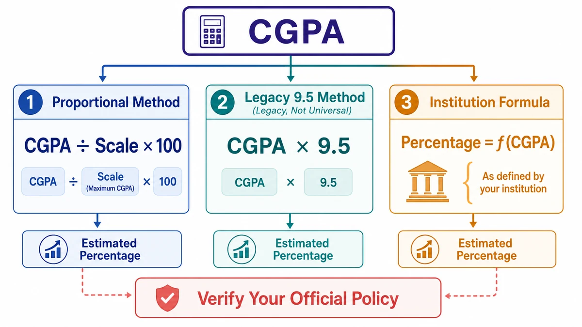 CGPA to percentage calculator infographic comparing proportional, legacy 9.5, and institutional formulas
