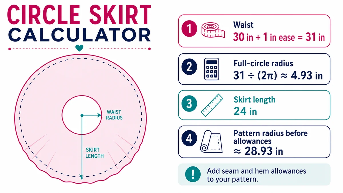 Circle skirt calculator example finding a 4.93 inch waist radius for a full circle skirt