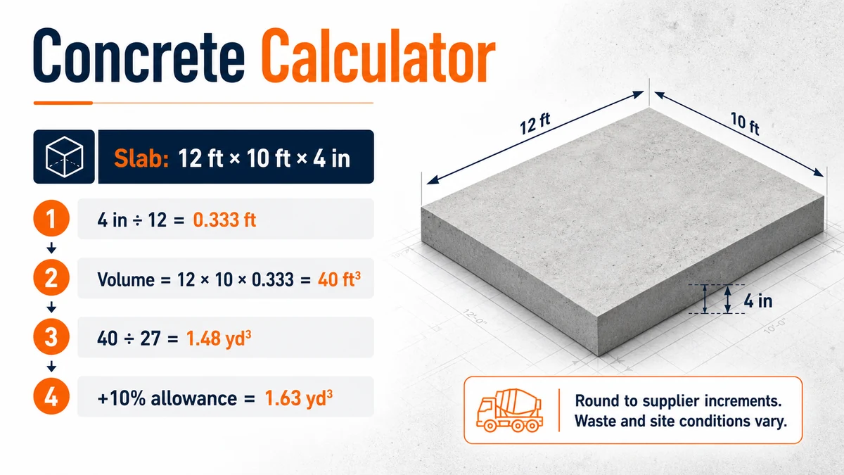 Concrete Calculator infographic for a 12 by 10 foot slab that is 4 inches thick