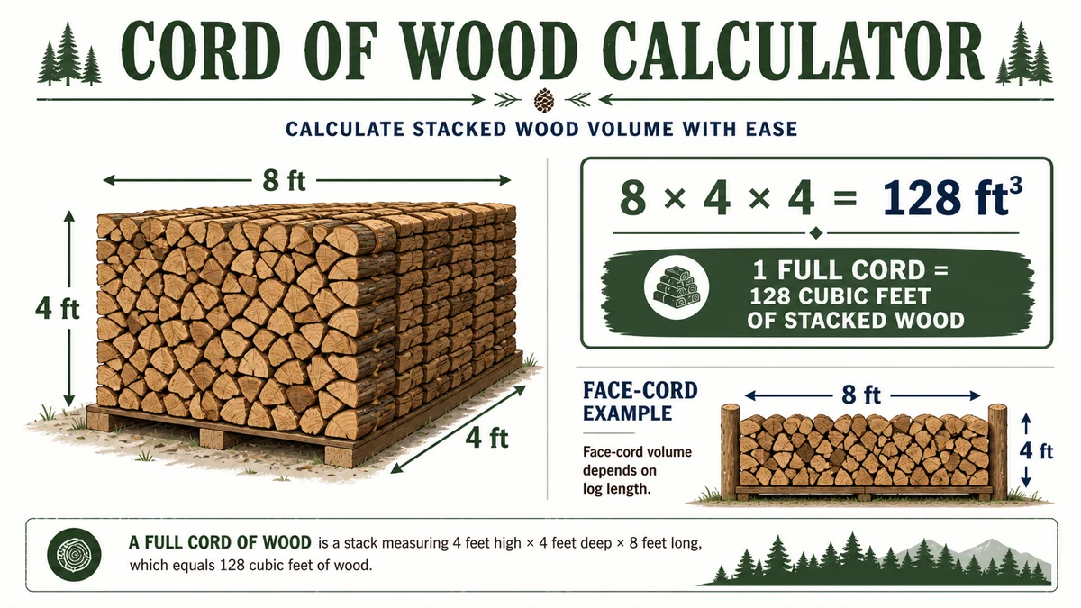 Cord of wood calculator showing an 8 by 4 by 4 foot stack equals 128 cubic feet