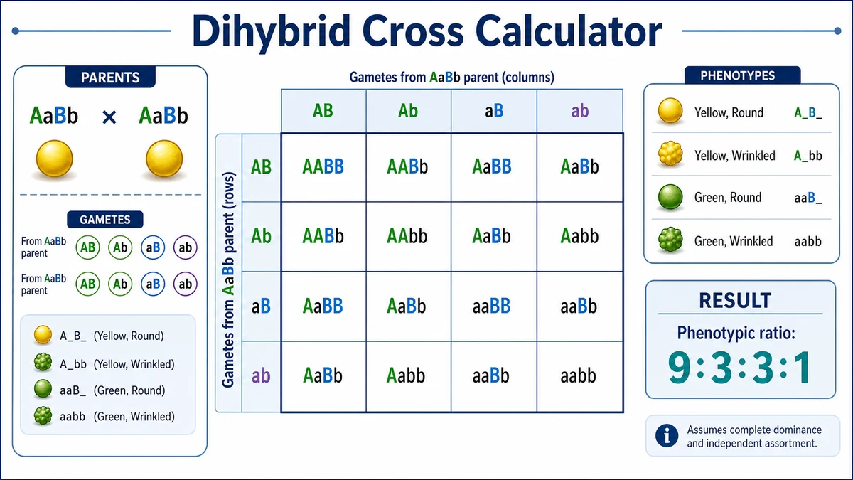 Dihybrid Cross Calculator infographic with an AaBb by AaBb Punnett square and 9 to 3 to 3 to 1 ratio