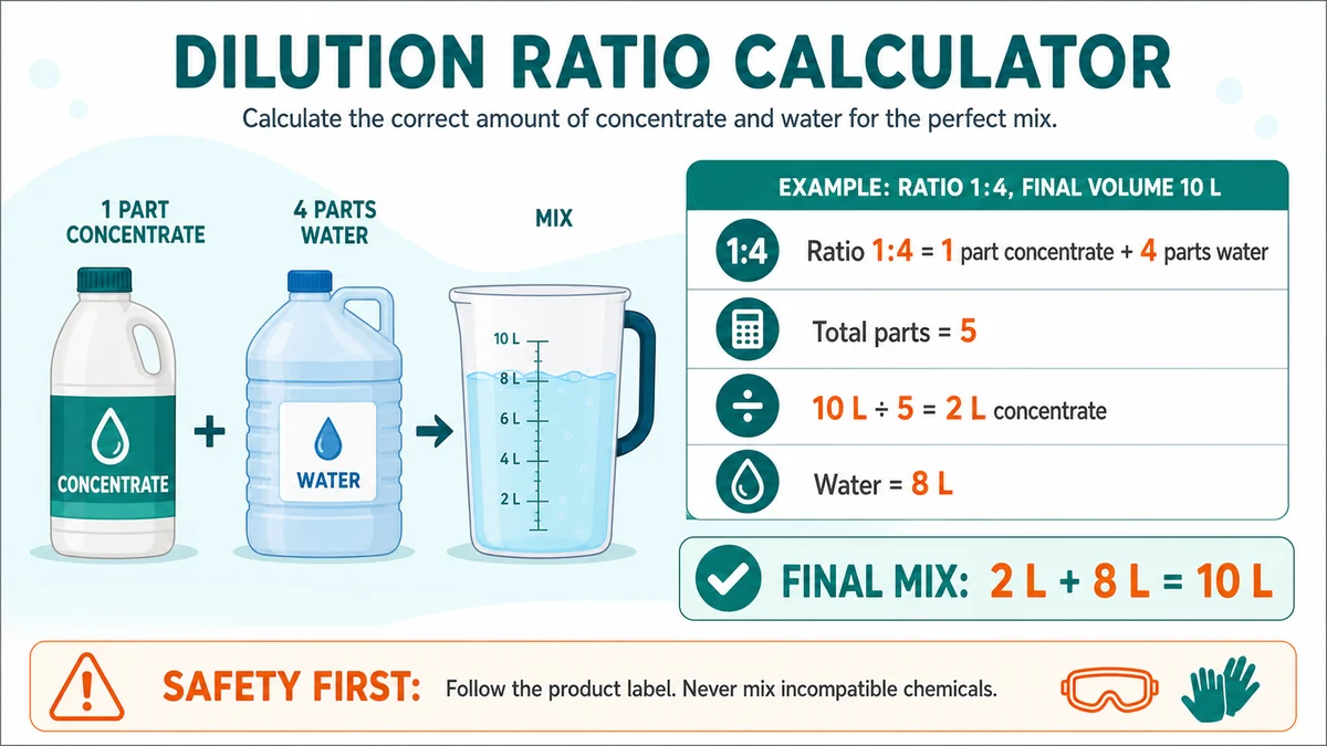 Dilution ratio calculator example mixing 2 liters concentrate with 8 liters water
