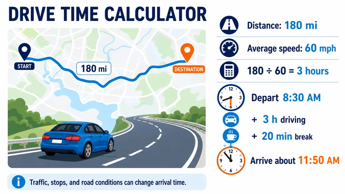 Drive time calculator example showing a 180 mile trip arriving about 11 50 AM