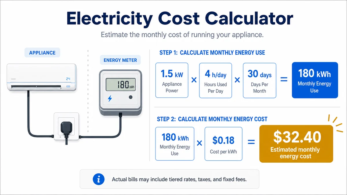 Electricity cost calculator example showing 180 kilowatt hours costing 32 dollars 40 cents