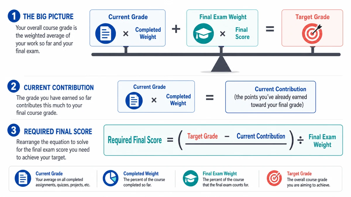 Final grade calculator infographic showing the exam score needed to reach a target course grade