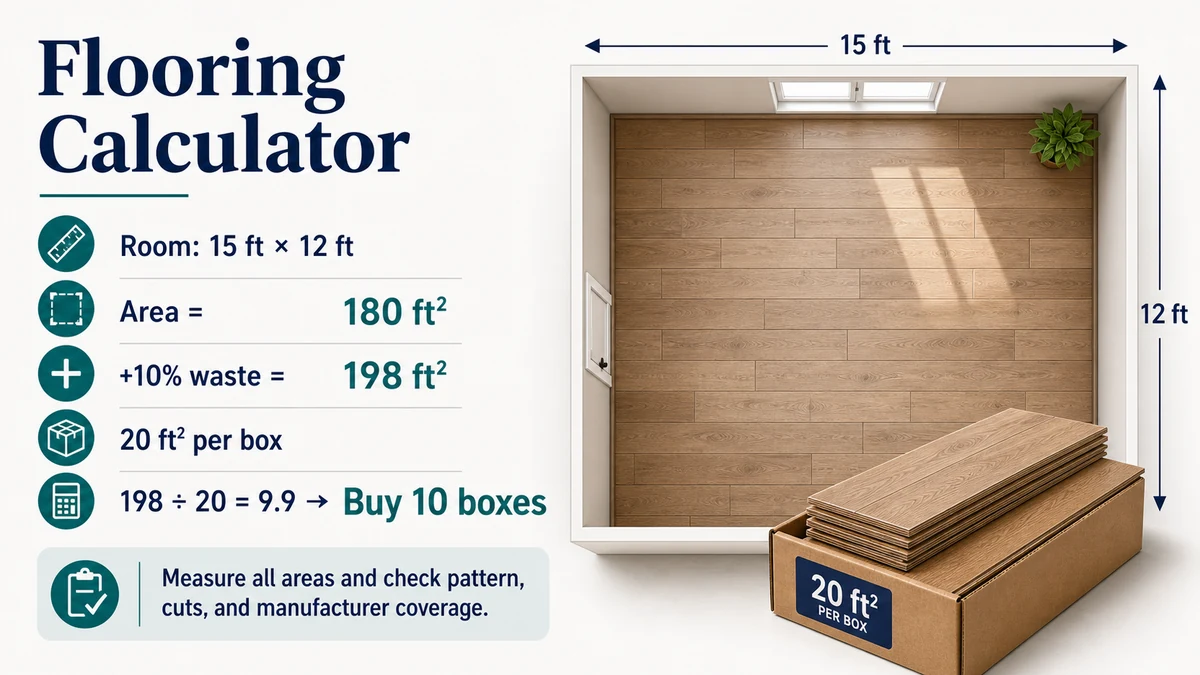 Flooring Calculator infographic for a 15 by 12 foot room with 10 percent waste