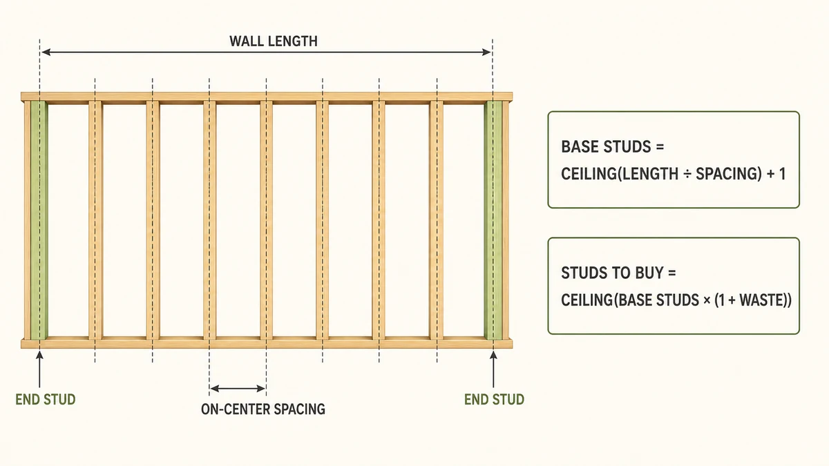 Framing calculator diagram showing wall length and studs spaced on center