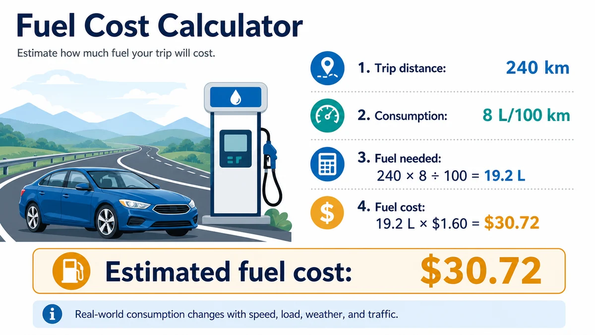 Fuel cost calculator metric example showing 240 kilometers costs 30 dollars 72 cents