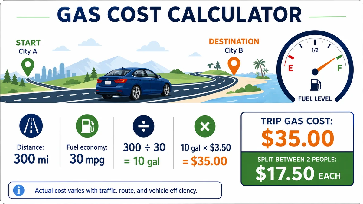 Gas cost calculator example for a 300 mile trip costing 35 dollars
