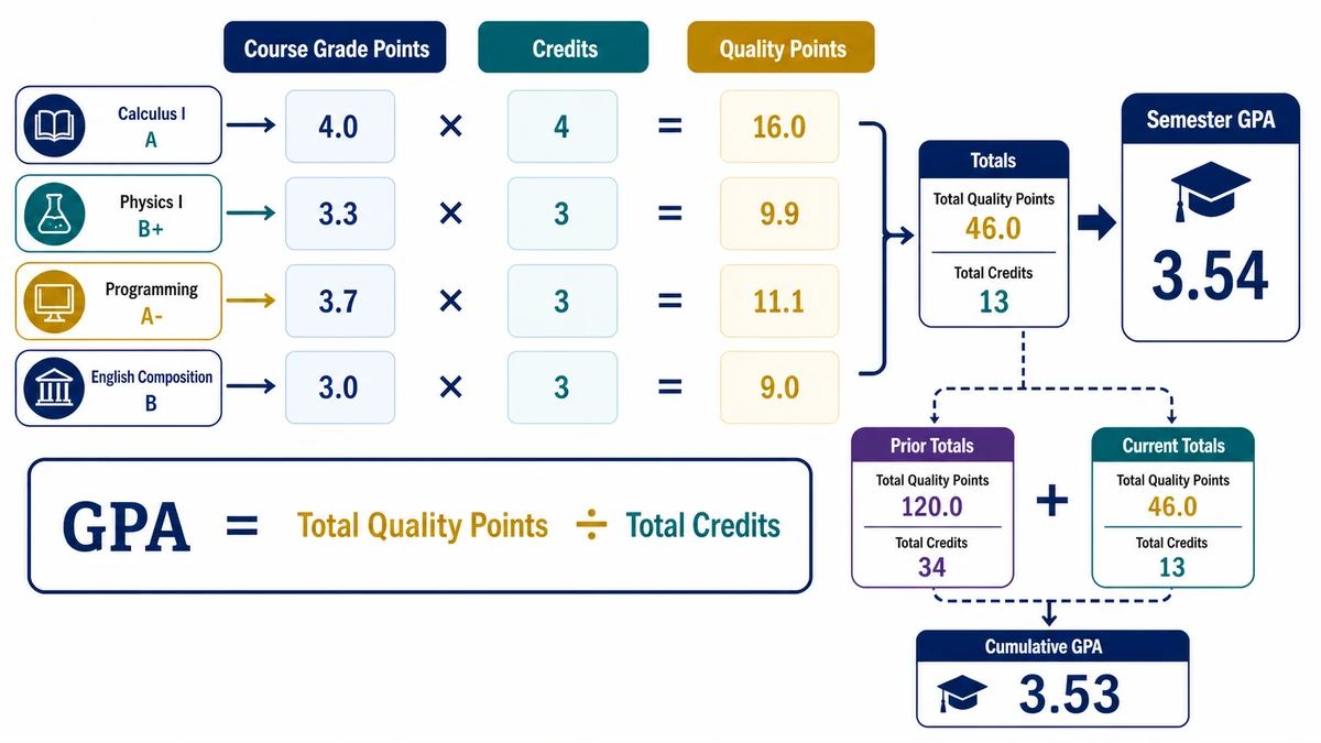 GPA calculator infographic showing quality points, course credits, semester GPA, and cumulative GPA formulas
