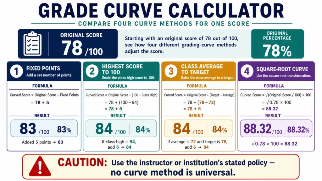 Grade curve calculator infographic comparing fixed points, highest score, class average, and square root methods