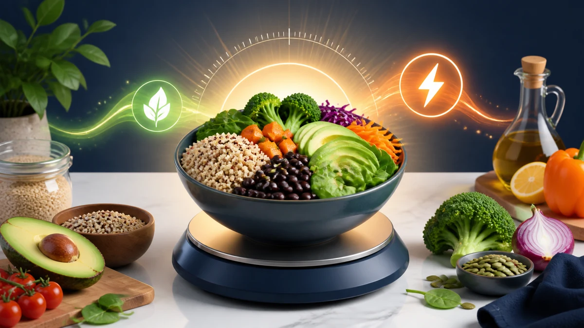 Grams to calories calculator visual with balanced food bowl on a kitchen scale