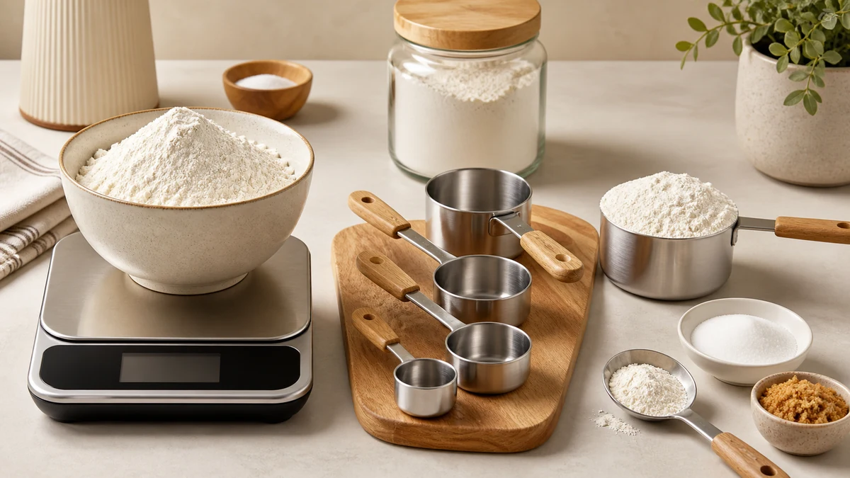 Grams to cups converter visual with flour scale and measuring cups