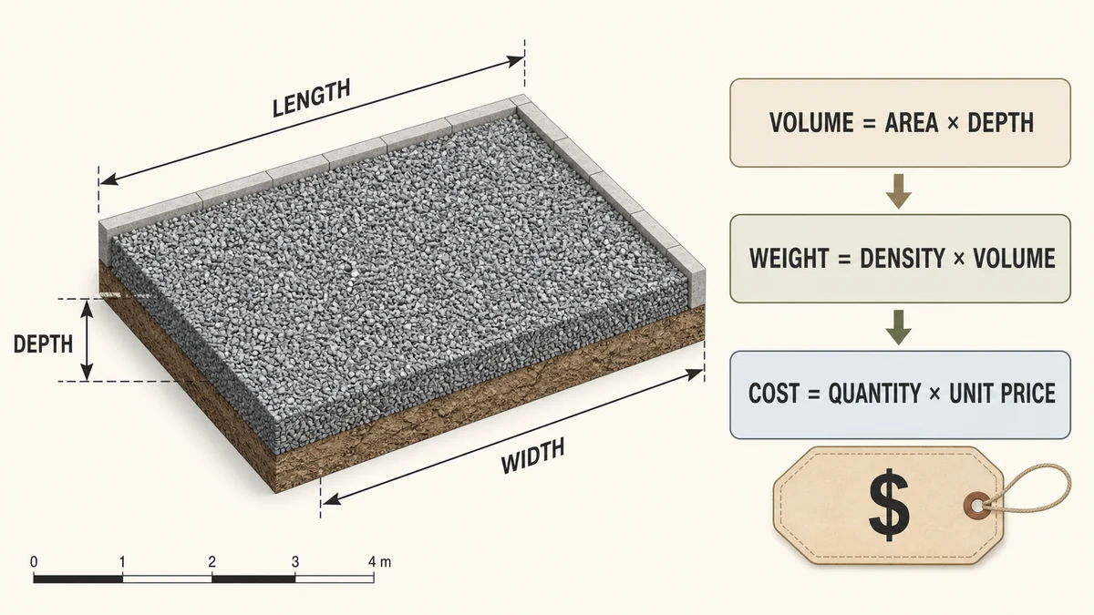 Gravel calculator diagram showing project length, width, depth, volume, weight and cost
