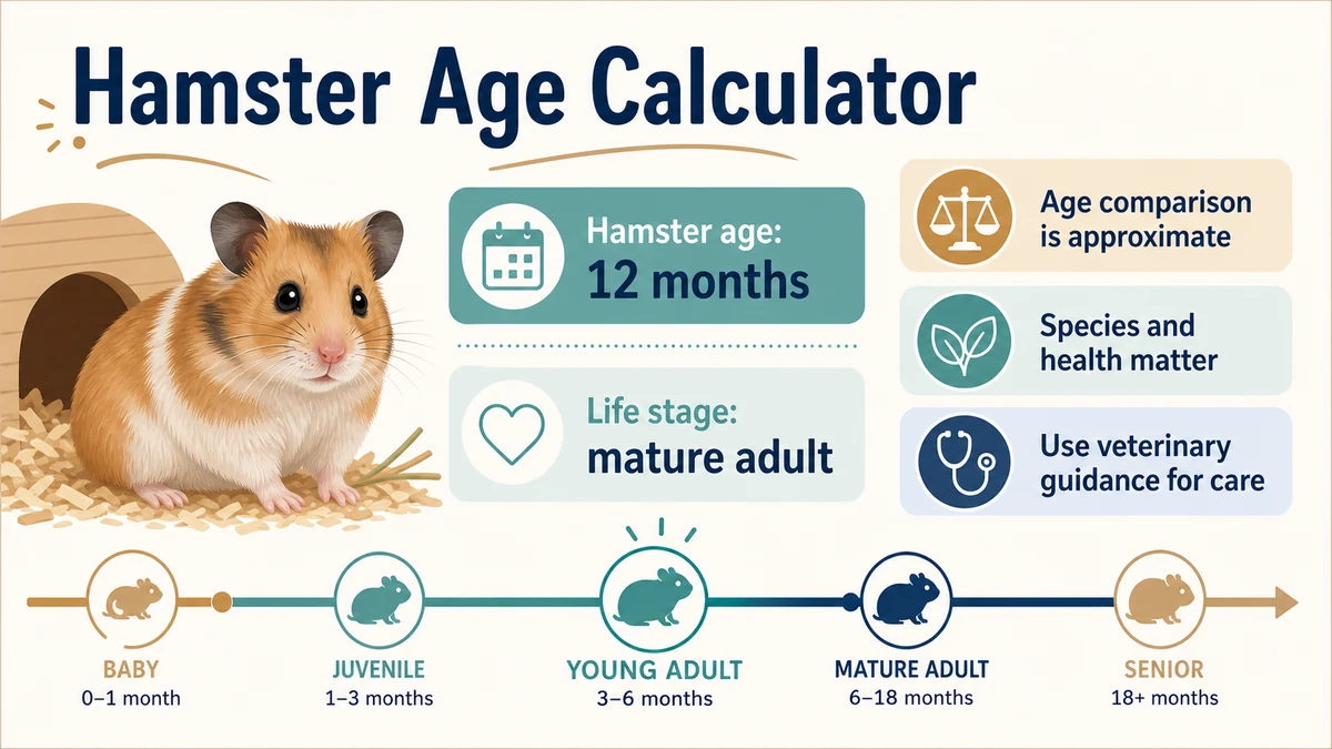 Hamster Age Calculator infographic showing approximate hamster life stages