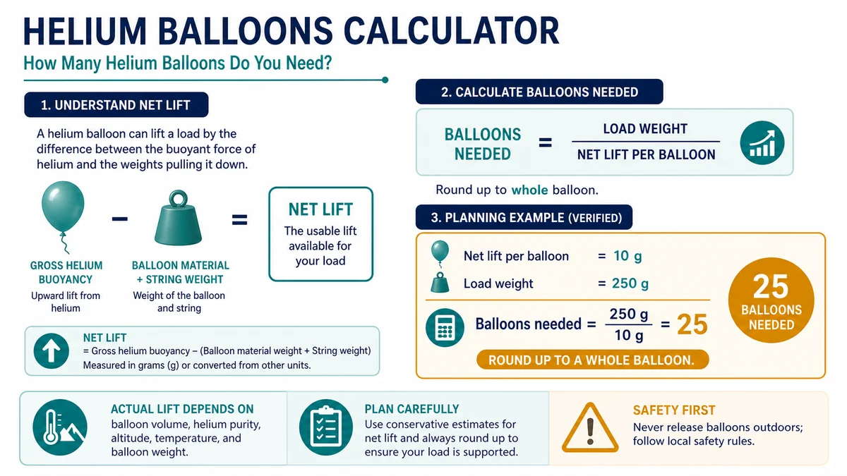 Helium balloons calculator example estimating 25 balloons to lift 250 grams