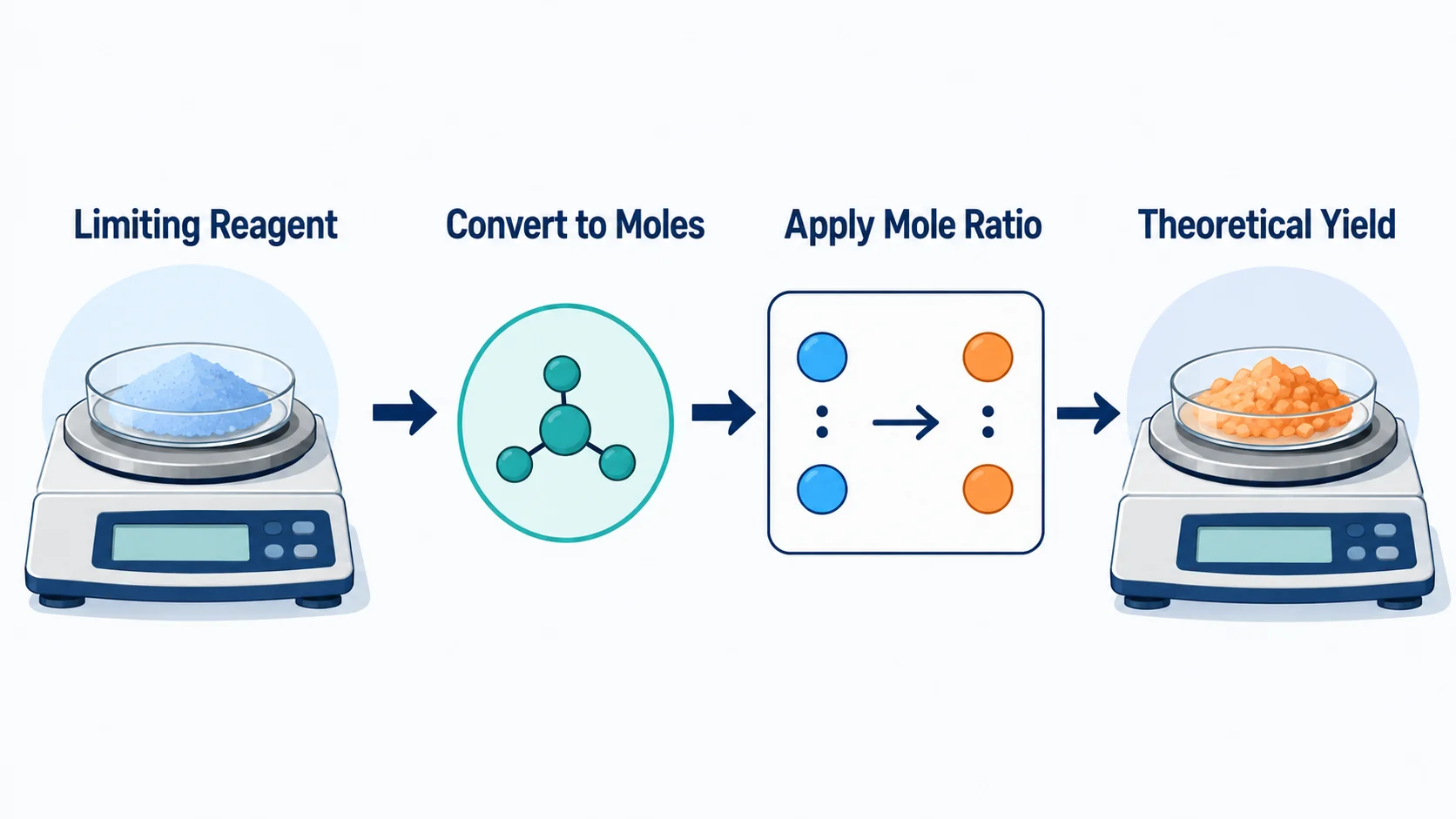 Theoretical yield process from limiting reagent through moles and mole ratio to predicted product mass