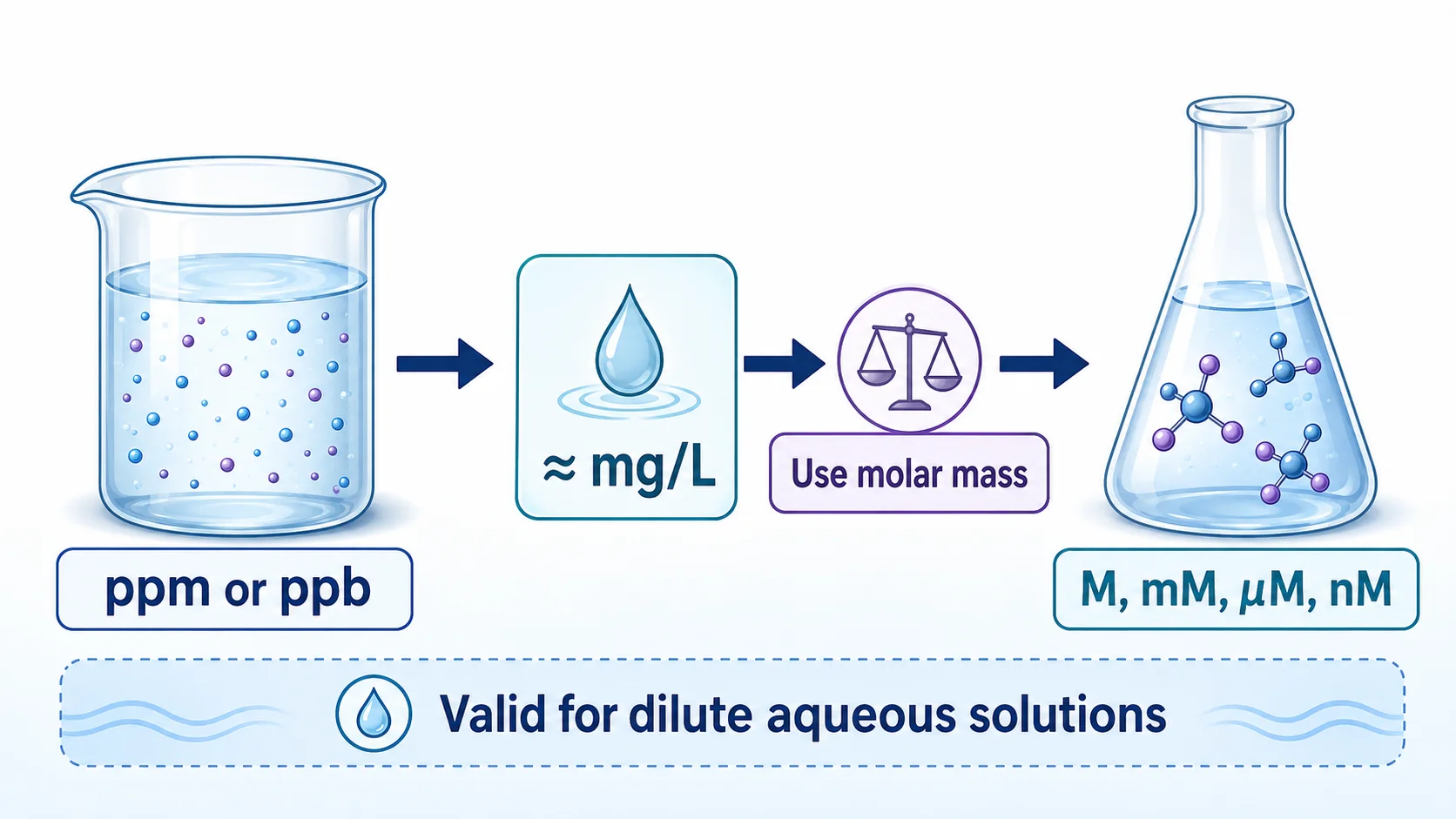 PPM to molarity conversion diagram using milligrams per liter and molar mass for a dilute aqueous solution