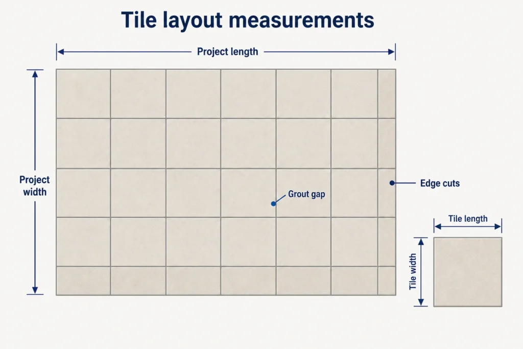 Tile Calculator estimating whole tiles, grout-joint layout, waste allowance, and boxes needed for a rectangular floor or wall