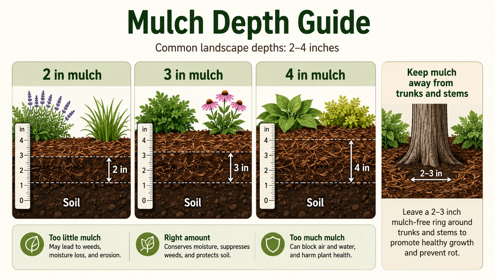 Mulch depth guide showing 2 inch, 3 inch and 4 inch mulch layers