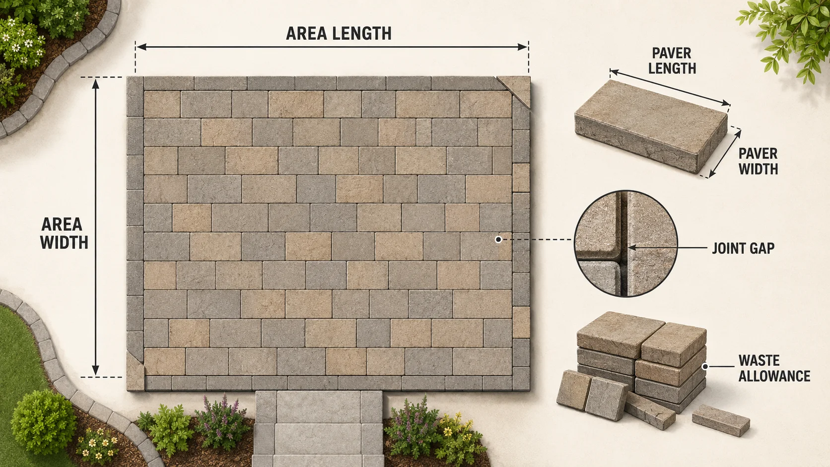 Rectangular patio showing project length and width, paver dimensions, joint gaps, edge cuts, and extra pavers for waste
