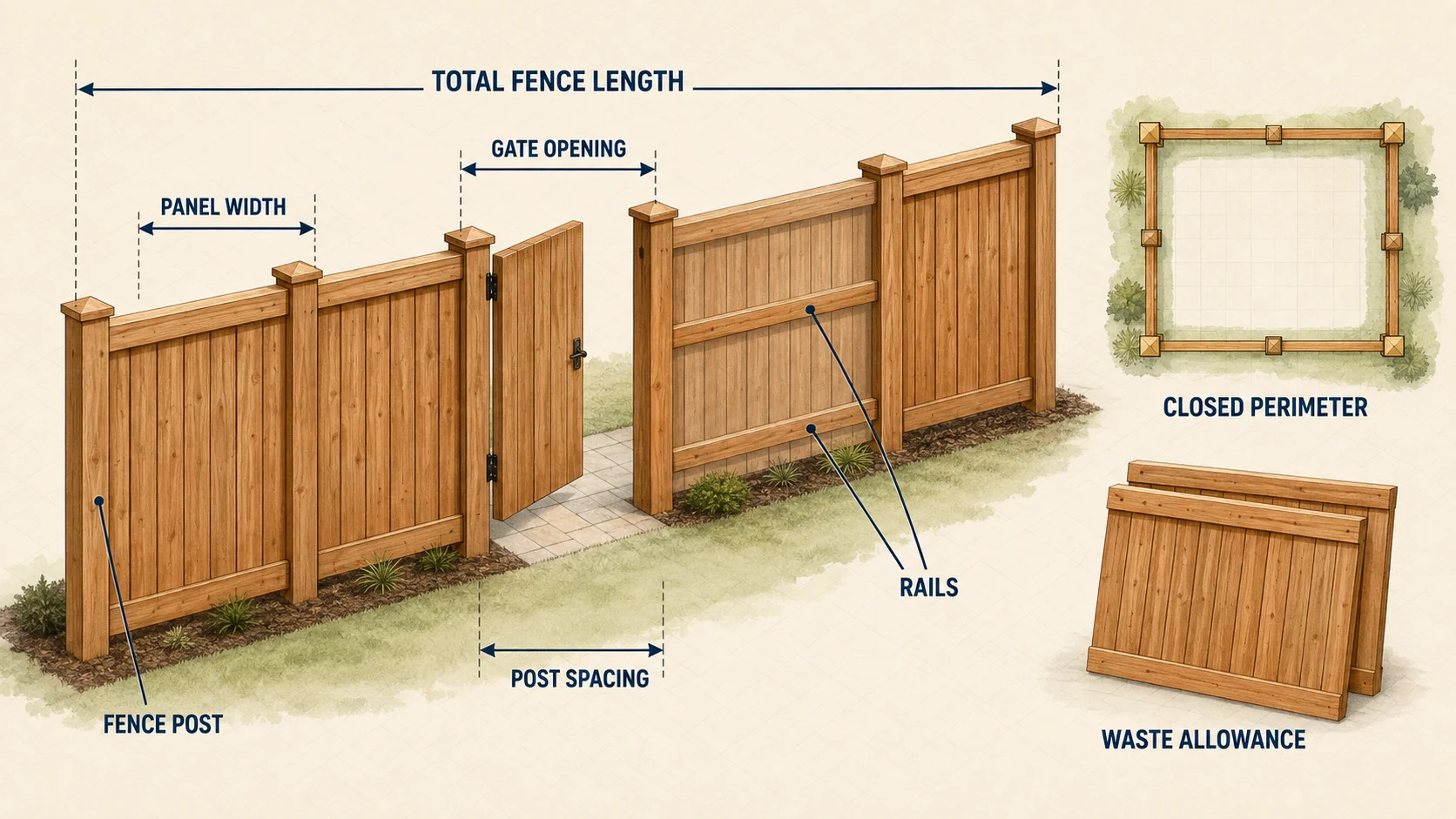 Wooden fence diagram showing total fence length, gate opening, panel width, post spacing, rails, posts, closed perimeter and waste allowance