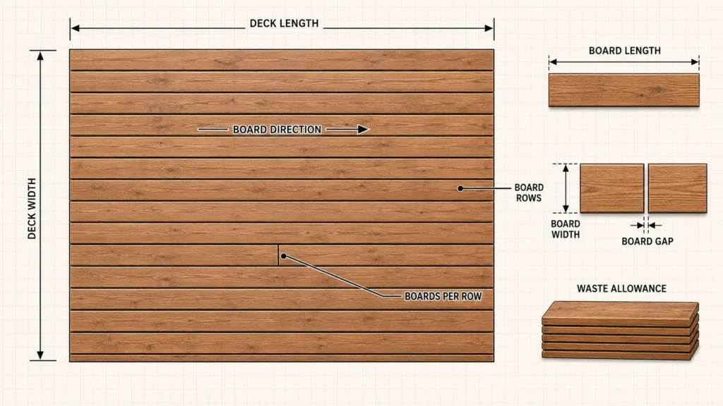 Decking Calculator estimating board rows, stock lengths, linear footage, gaps, and waste for a rectangular deck