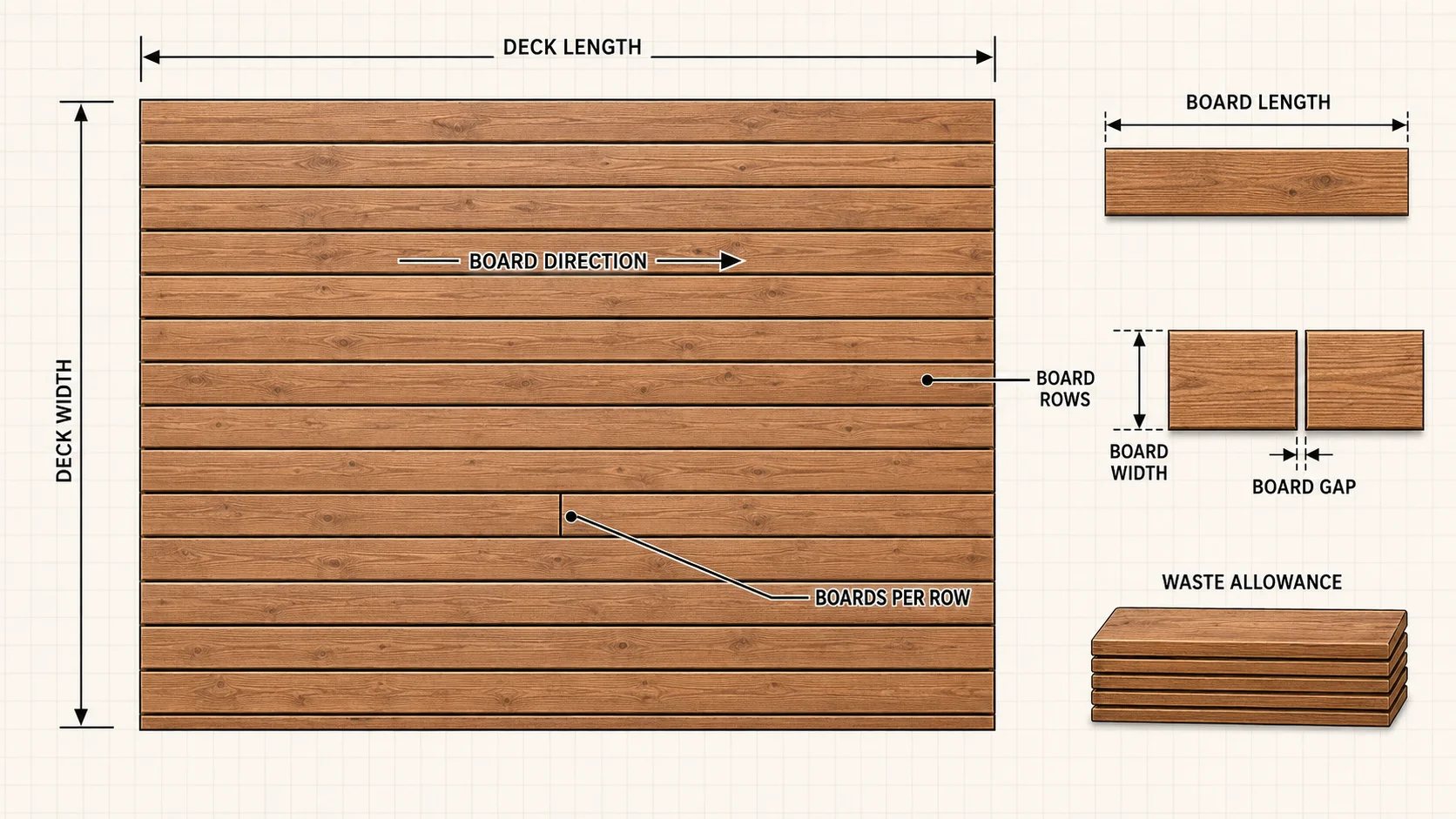Top-down deck diagram showing deck length and width, board direction, board length, board width, board gap, rows, boards per row and waste allowance