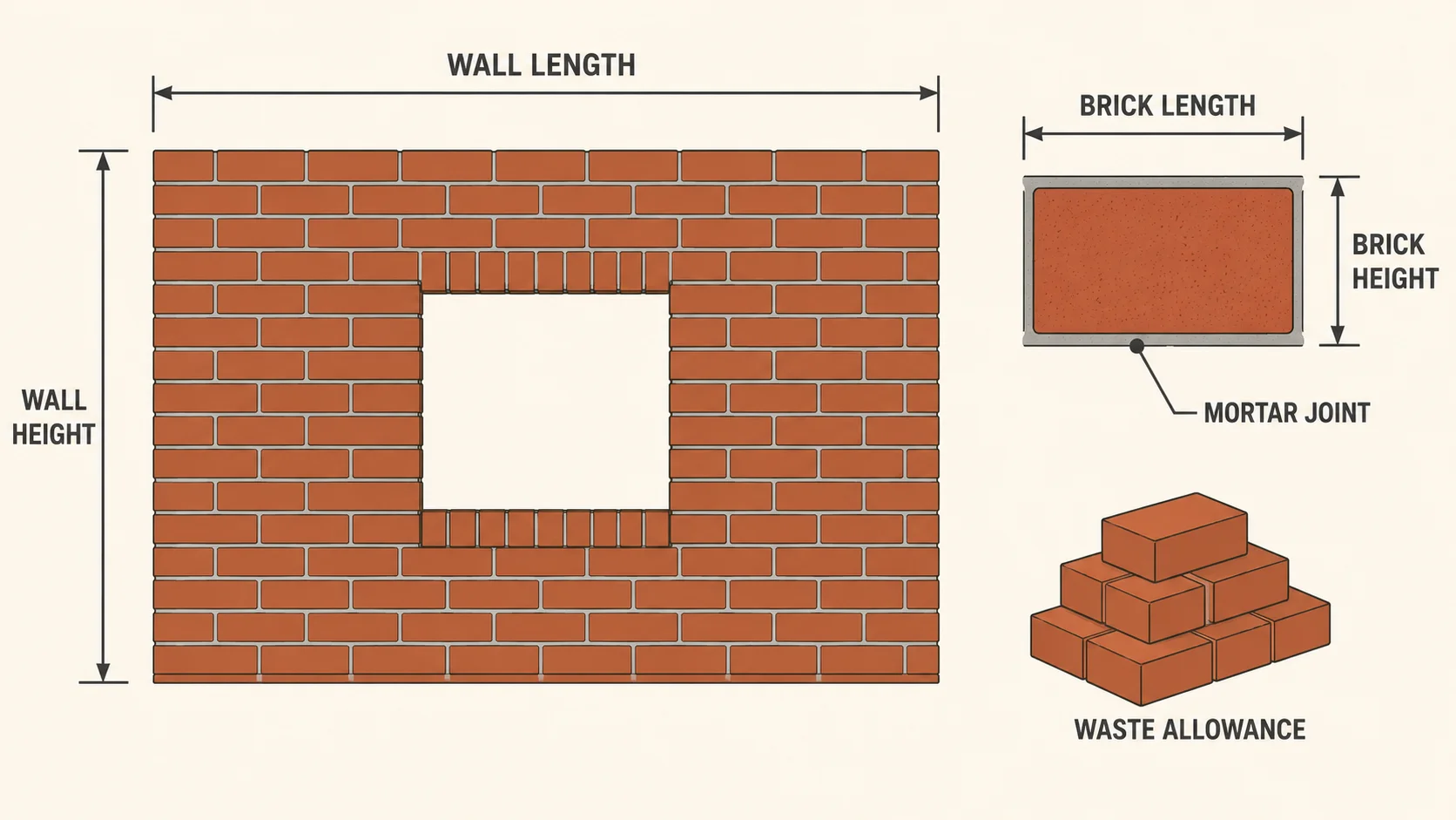 Brick wall measurement diagram showing wall length, wall height, brick face dimensions, mortar joint and waste allowance