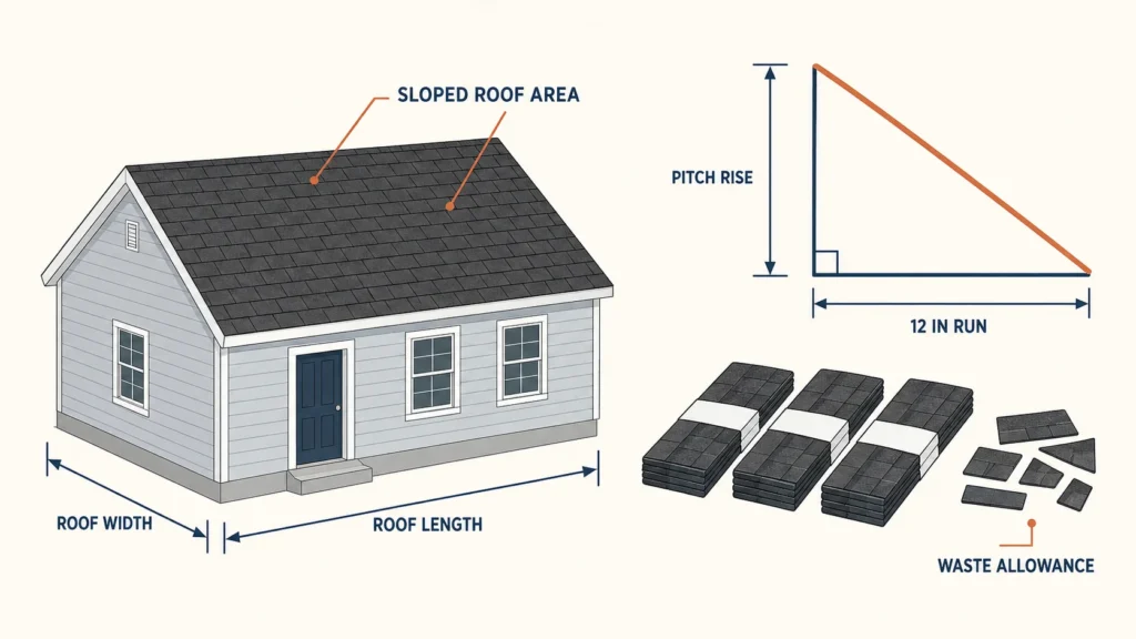 Roofing Shingle Calculator estimating sloped roof area, roofing squares, waste allowance, and shingle bundles from roof dimensions and pitch