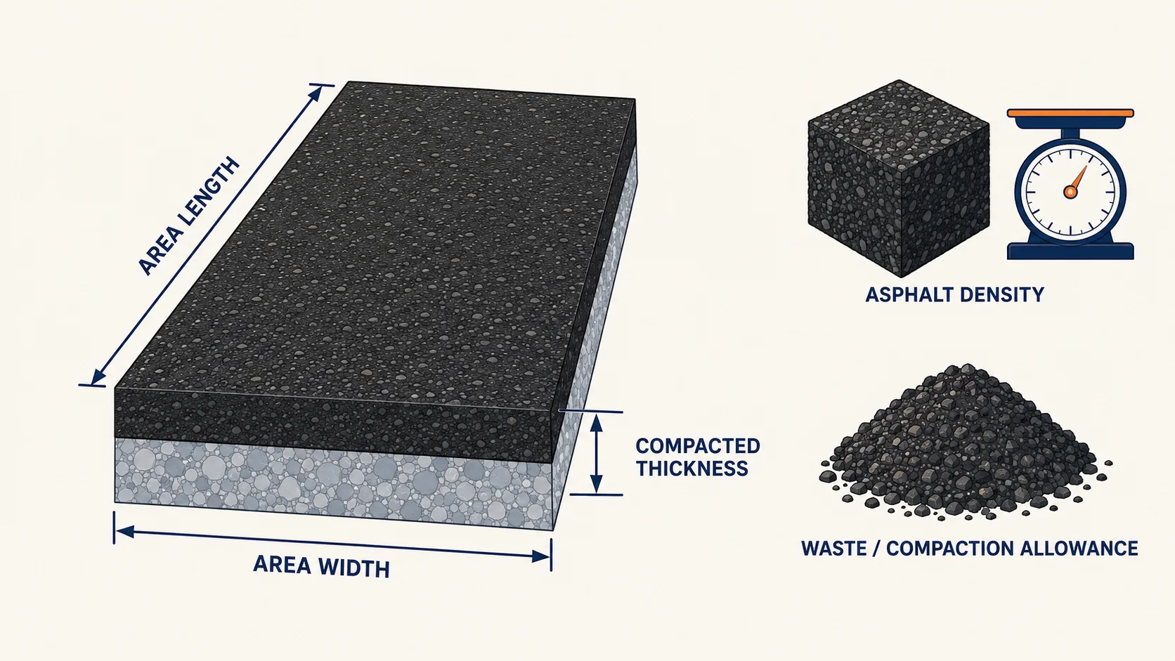 Asphalt paving measurement diagram showing area length, area width, compacted thickness, asphalt density and waste or compaction allowance