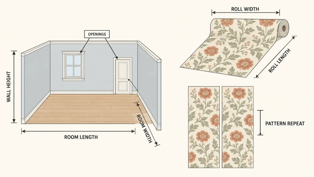 Wallpaper Calculator estimating full-height strips and rolls from wall dimensions, roll size, trimming allowance, and pattern repeat