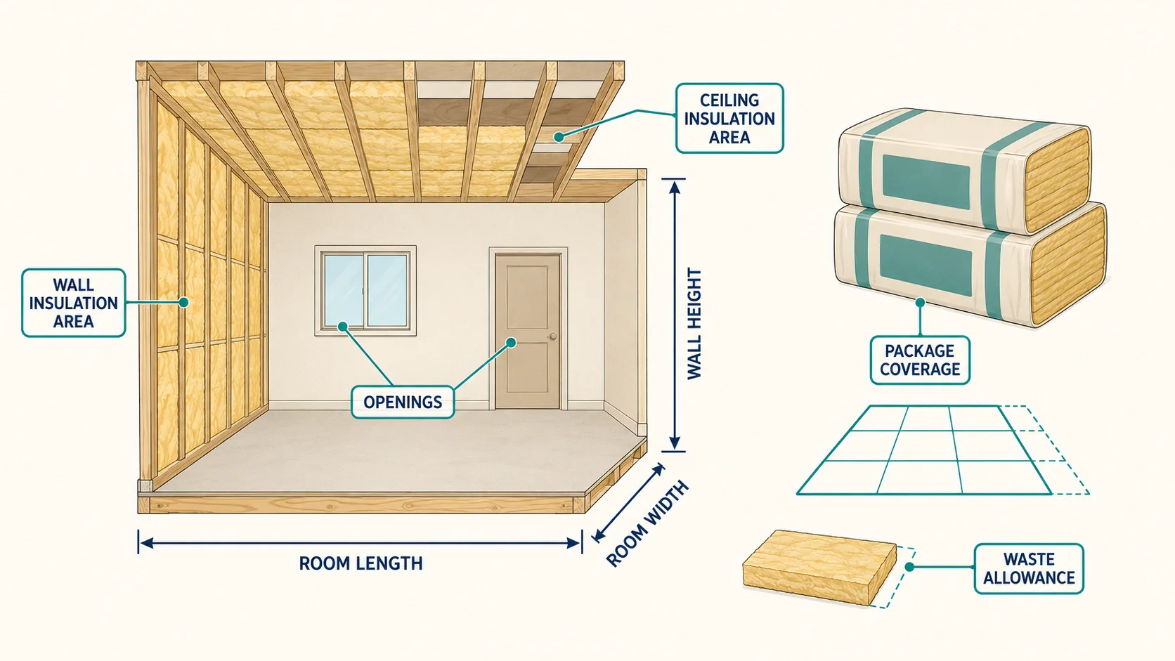 Insulation measurement diagram showing room length, room width, wall height, wall and ceiling insulation areas, openings, package coverage and waste allowance