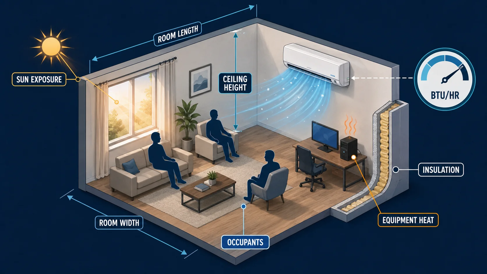 Room air conditioner sizing diagram showing room dimensions, sunlight, insulation, occupants, and equipment heat affecting BTU per hour