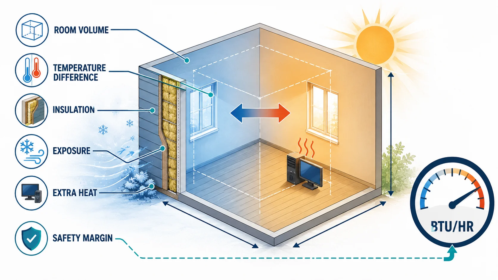 BTU calculator diagram showing room volume, temperature difference, insulation, exposure, extra heat, and safety margin
