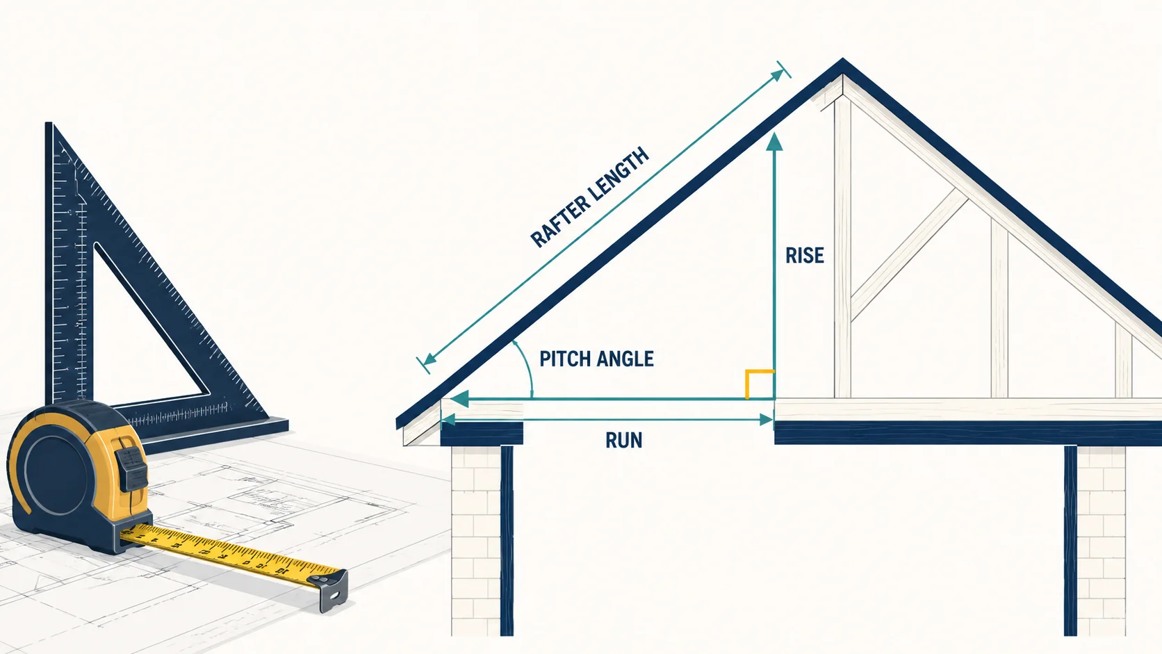 Roof pitch diagram showing rise, run, rafter length, and pitch angle