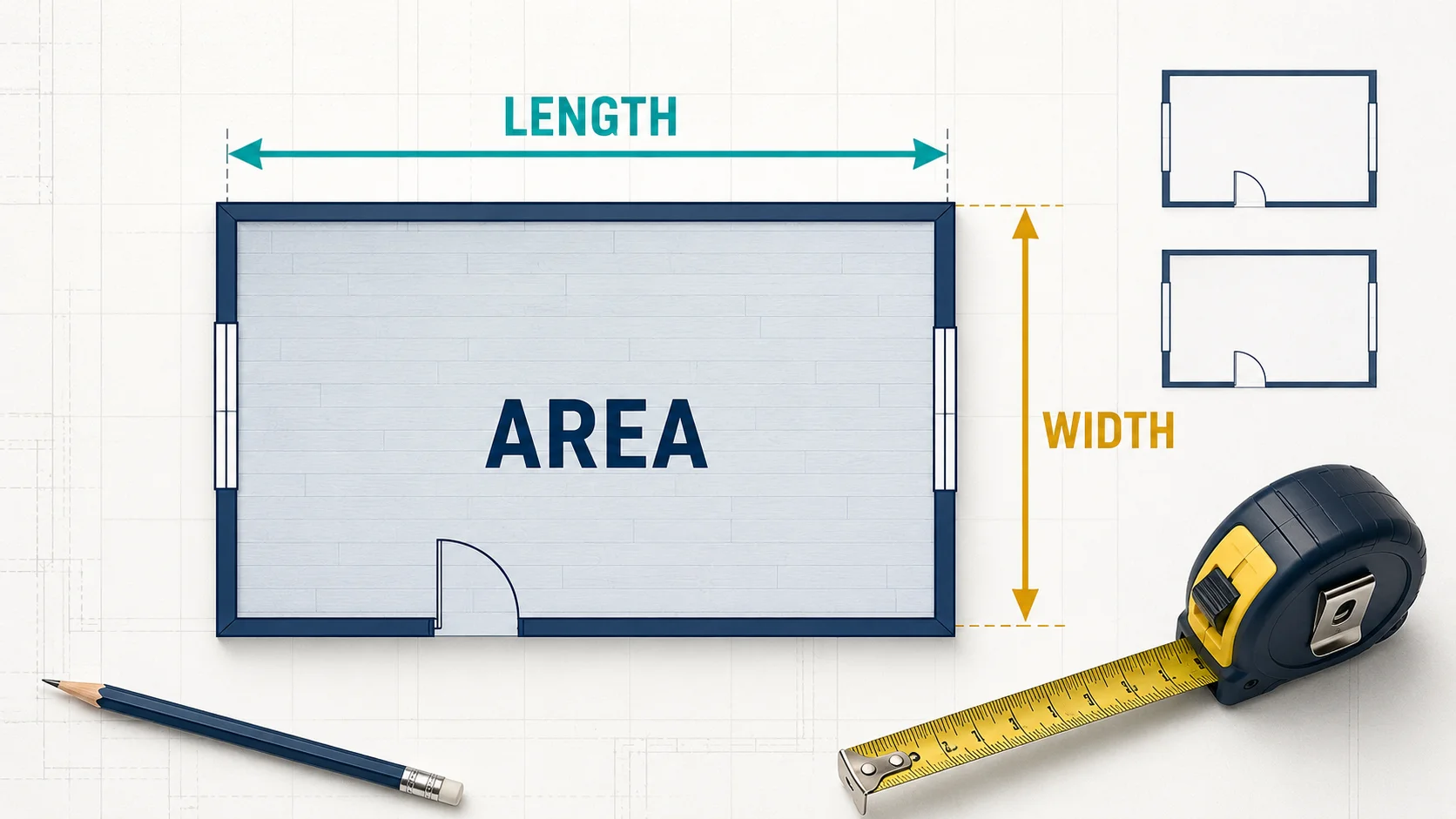 Square footage diagram showing the length, width, and area of a rectangular room