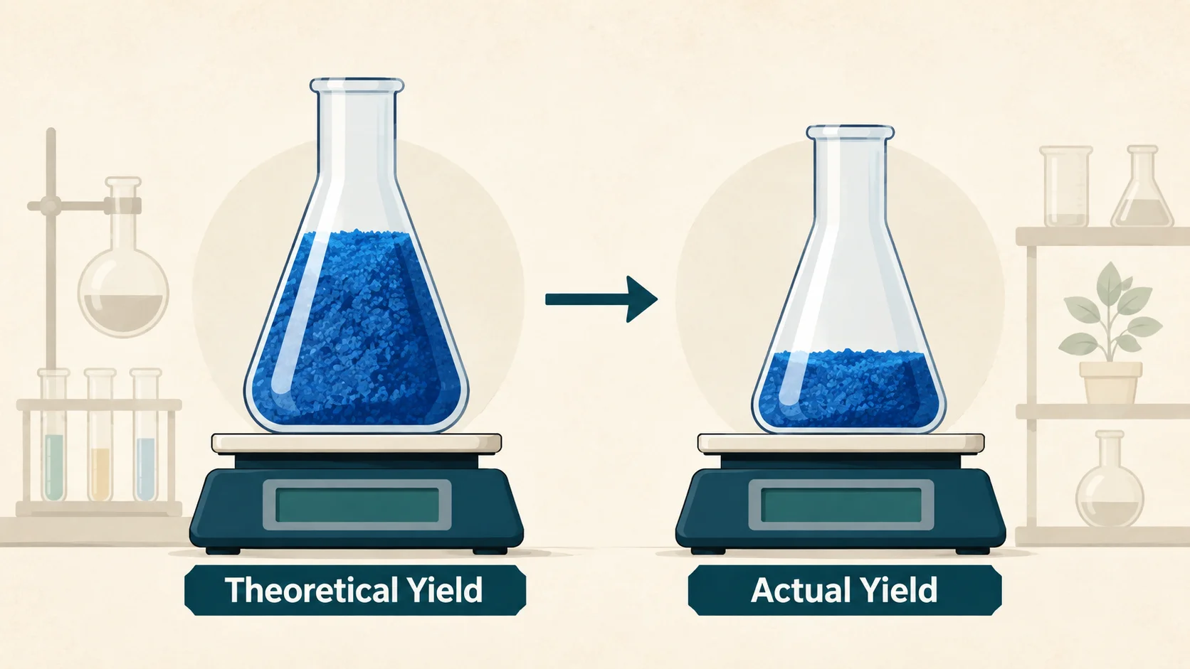Percent Yield Calculator illustration comparing theoretical yield with actual yield